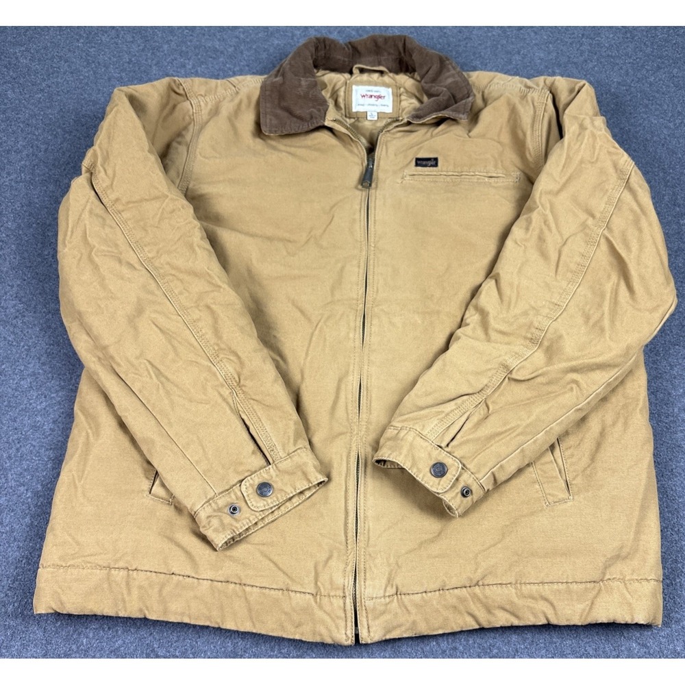 Wrangler Men's Large Corduroy Collar Brown Canvas Work Jacket Quilted Lining